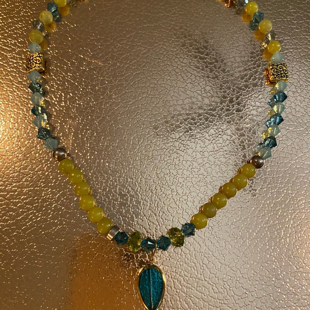 Delicate blue & green glass/crystal necklace